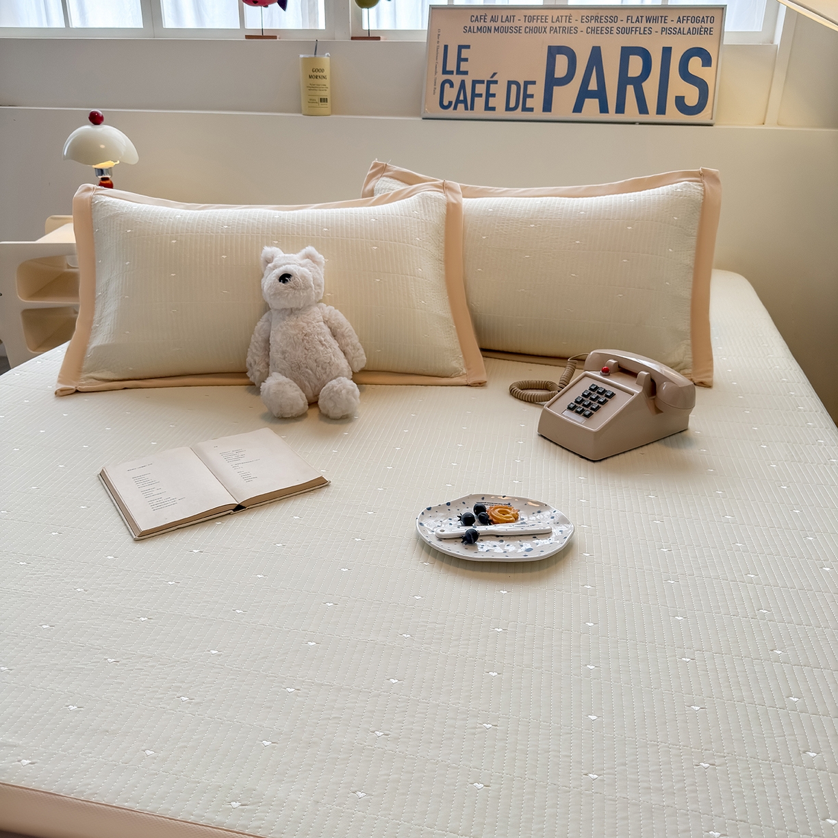 91家纺网 家纺一手货源 找家纺 懒猫家纺 2026新款满天星绗绣莫兰迪色系床席床笠款凉席 香草布蕾-床席款