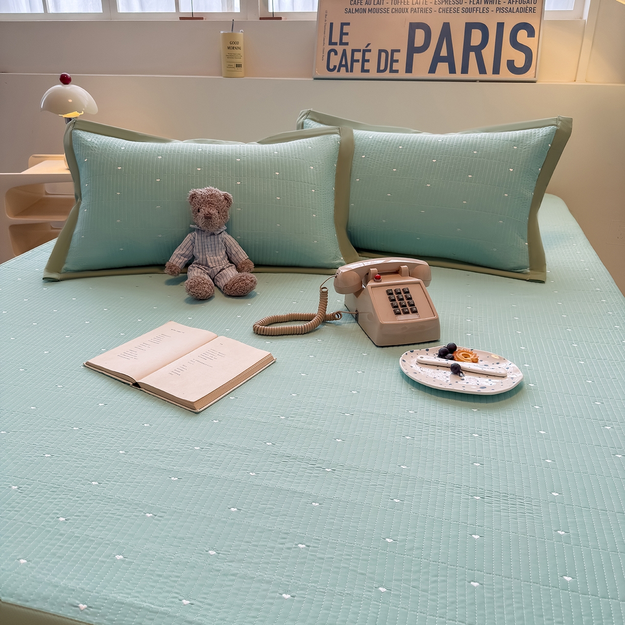 91家纺网 家纺一手货源 找家纺 懒猫家纺 2026新款满天星绗绣莫兰迪色系床席床笠款凉席 生椰抹茶-床席款