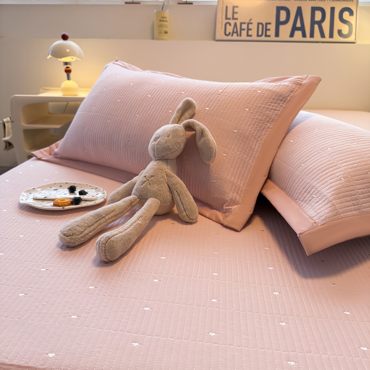 91家纺网 家纺一手货源 找家纺 懒猫家纺 2026新款满天星绗绣莫兰迪色系床席床笠款凉席 白桃乌龙-床笠款