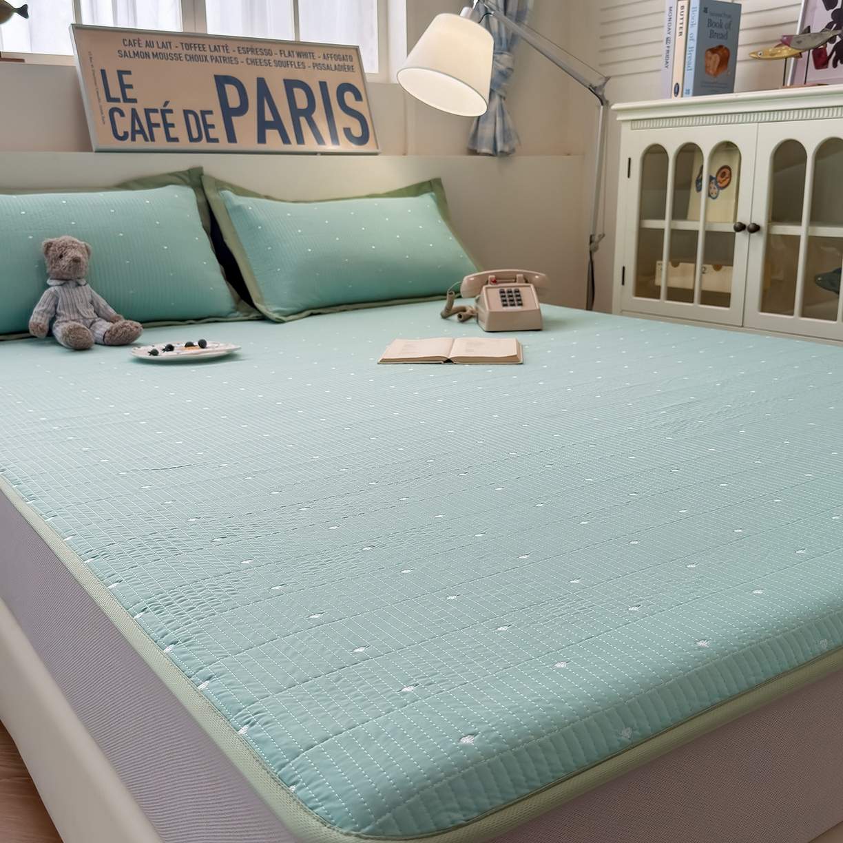 91家纺网 家纺一手货源 找家纺 懒猫家纺 2026新款满天星绗绣莫兰迪色系床席床笠款凉席 生椰抹茶-床笠款