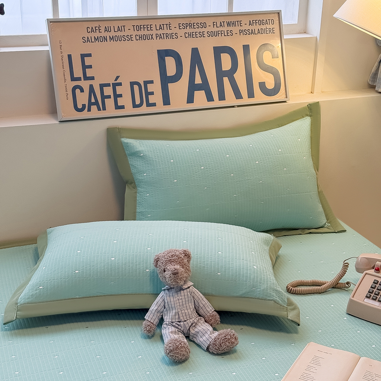 91家纺网 家纺一手货源 找家纺 懒猫家纺 2026新款满天星绗绣莫兰迪色系床席床笠款凉席 生椰抹茶-床席款