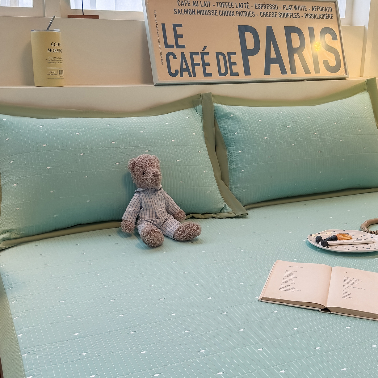 91家纺网 家纺一手货源 找家纺 懒猫家纺 2026新款满天星绗绣莫兰迪色系床席床笠款凉席 生椰抹茶-床席款