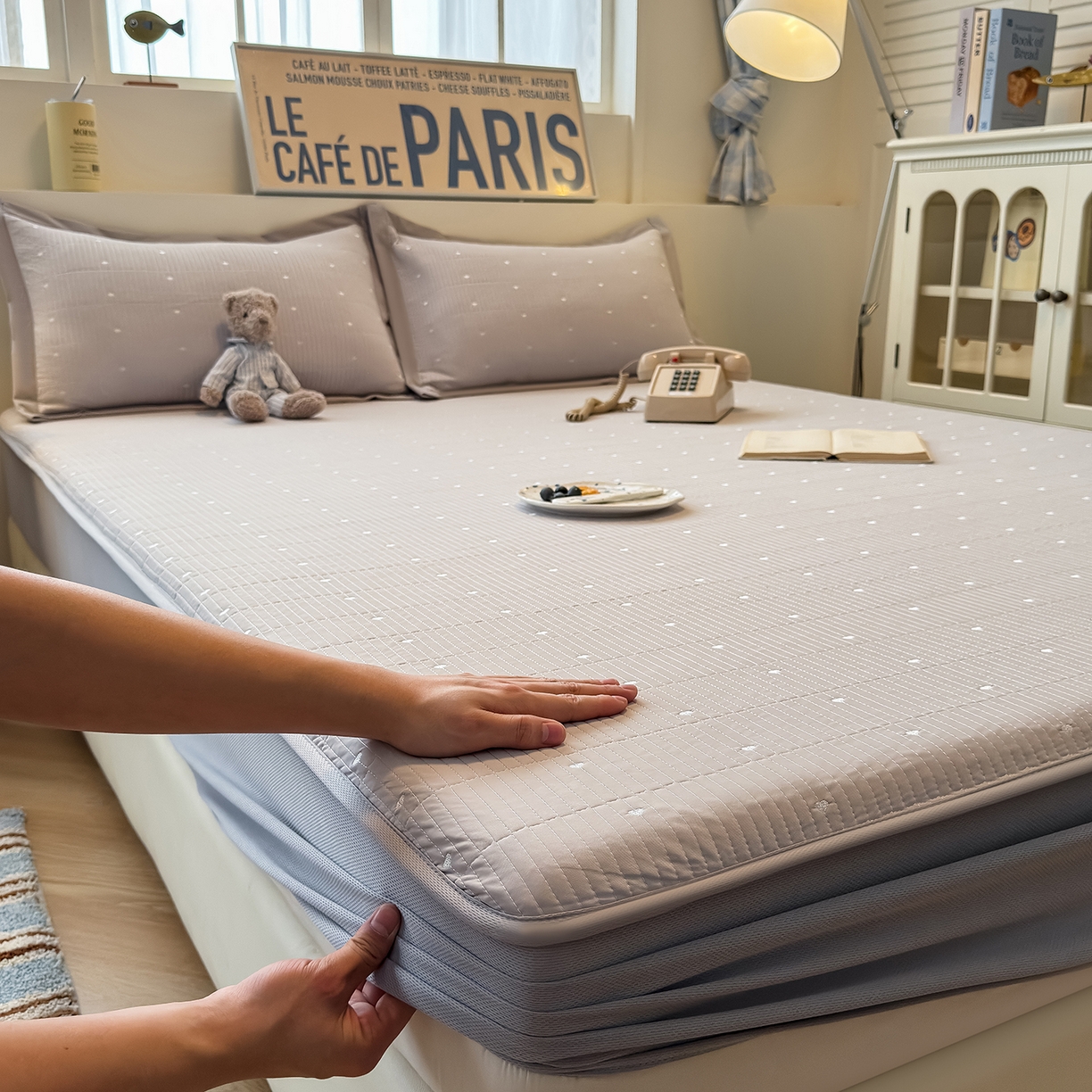 91家纺网 家纺一手货源 找家纺 （总）懒猫家纺 2026新款满天星绗绣莫兰迪色系床席床笠款凉席