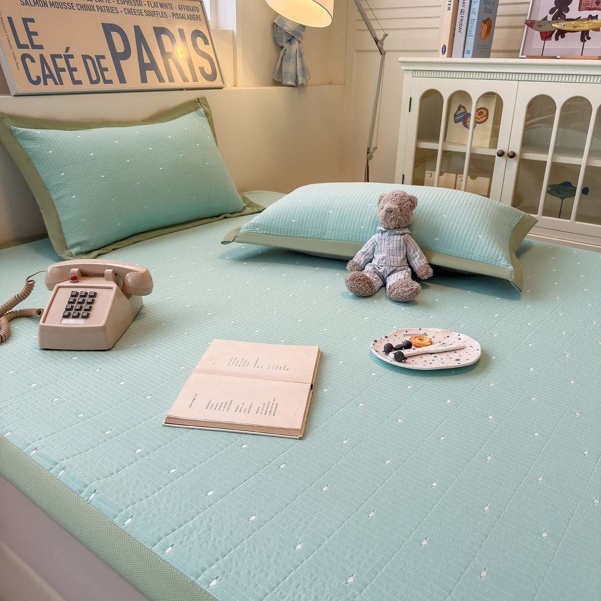 91家纺网 家纺一手货源 找家纺 懒猫家纺 2026新款满天星绗绣莫兰迪色系床席床笠款凉席 生椰抹茶-床席款