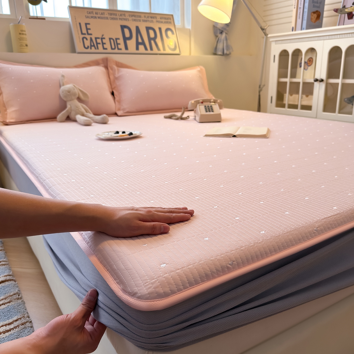 懒猫家纺 2026新款满天星绗绣莫兰迪色系床席床笠款凉席 白桃乌龙-床笠款