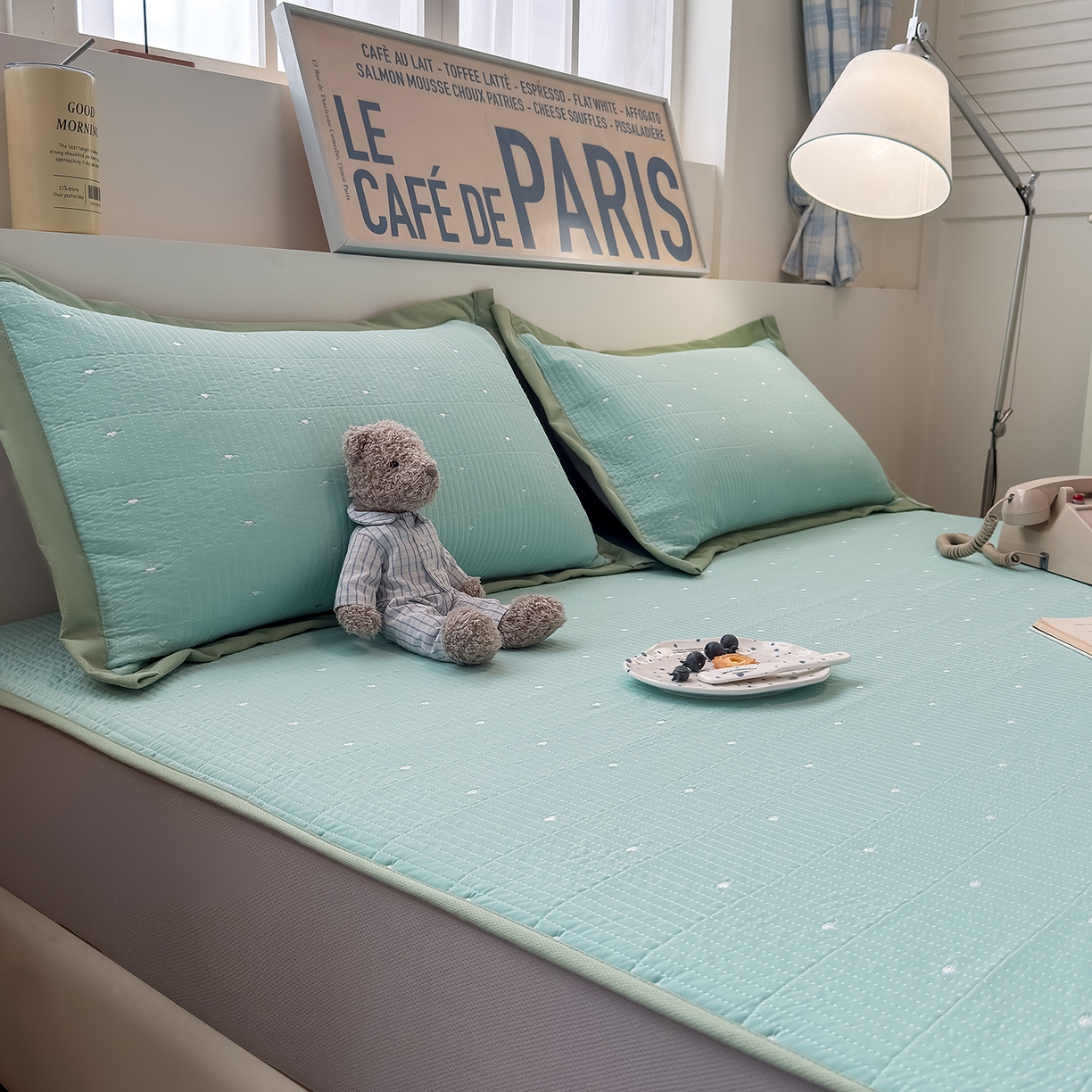 91家纺网 家纺一手货源 找家纺 懒猫家纺 2026新款满天星绗绣莫兰迪色系床席床笠款凉席 生椰抹茶-床笠款