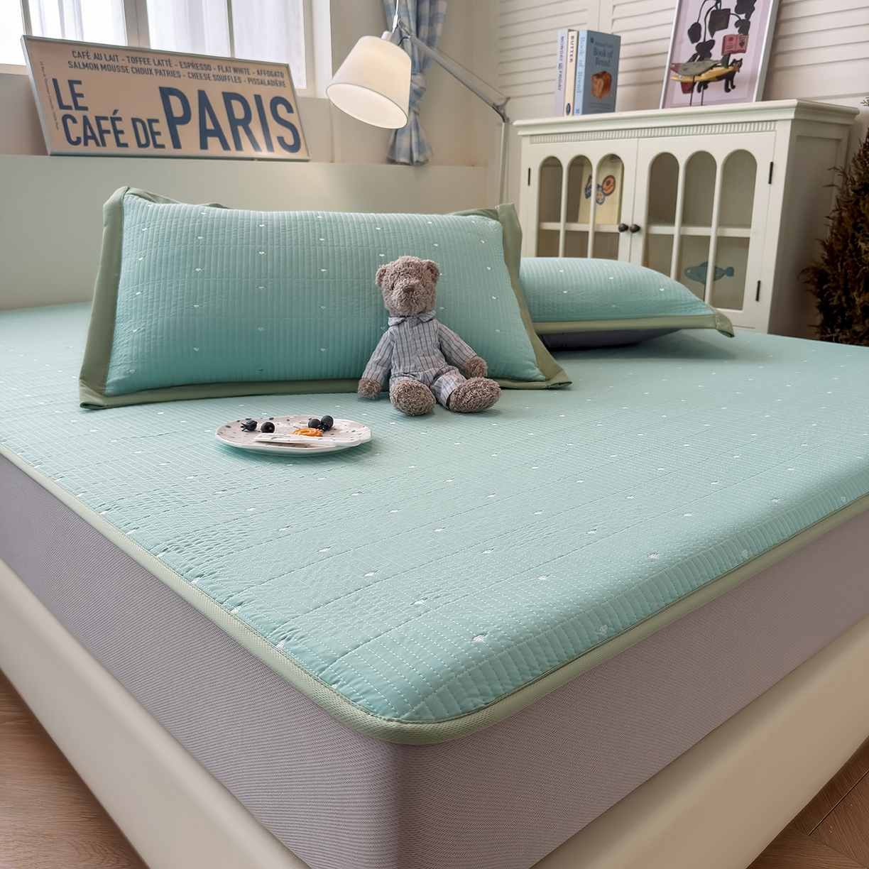 91家纺网 家纺一手货源 找家纺 懒猫家纺 2026新款满天星绗绣莫兰迪色系床席床笠款凉席 生椰抹茶-床笠款