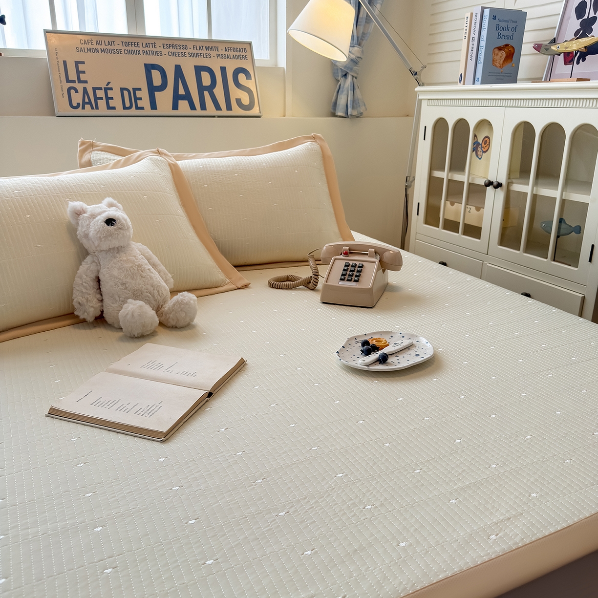 91家纺网 家纺一手货源 找家纺 懒猫家纺 2026新款满天星绗绣莫兰迪色系床席床笠款凉席 香草布蕾-床席款