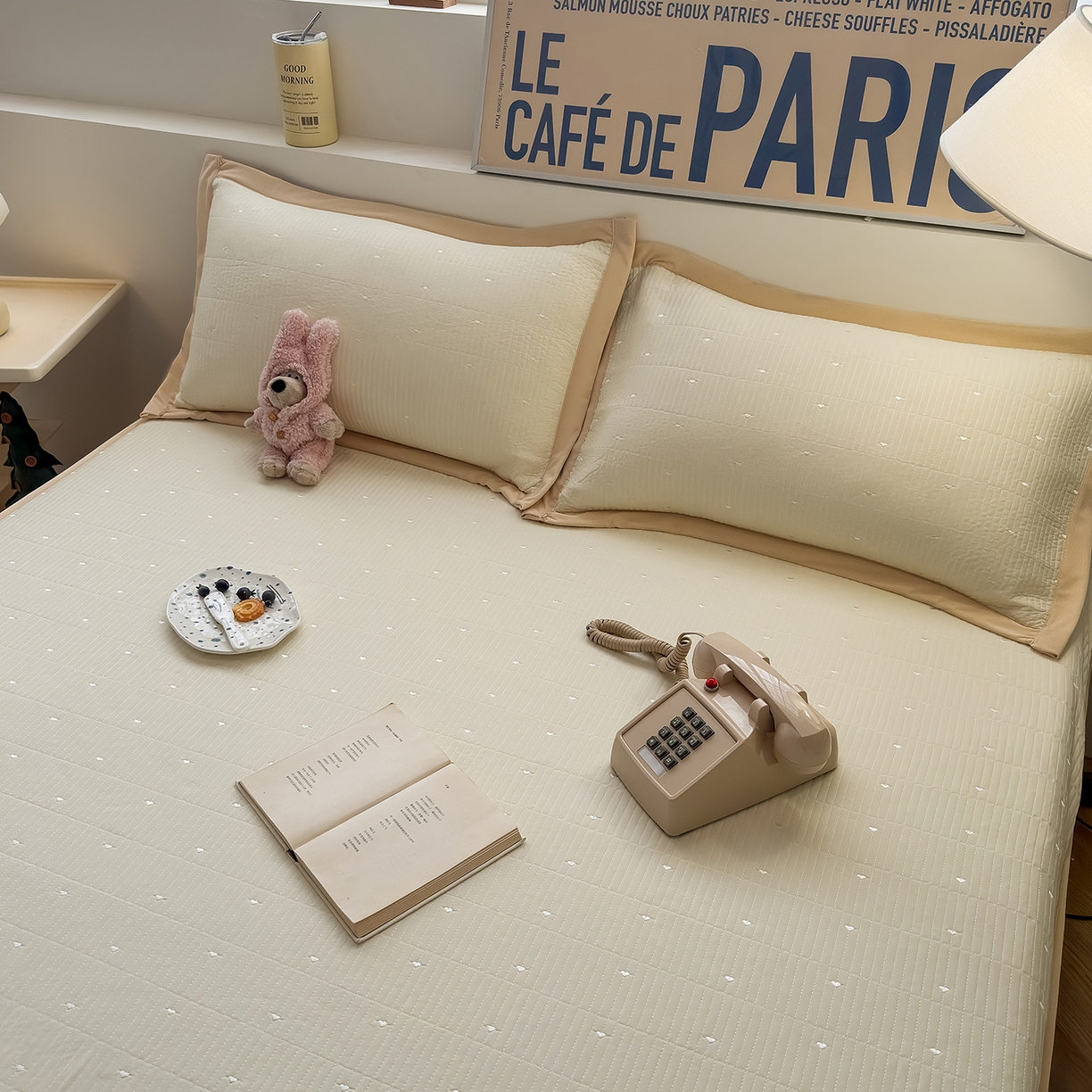 91家纺网 家纺一手货源 找家纺 懒猫家纺 2026新款满天星绗绣莫兰迪色系床席床笠款凉席 香草布蕾-床笠款