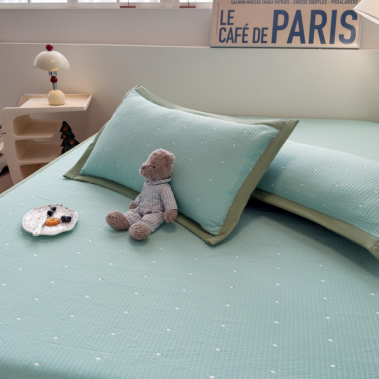 91家纺网 家纺一手货源 找家纺 懒猫家纺 2026新款满天星绗绣莫兰迪色系床席床笠款凉席 生椰抹茶-床笠款