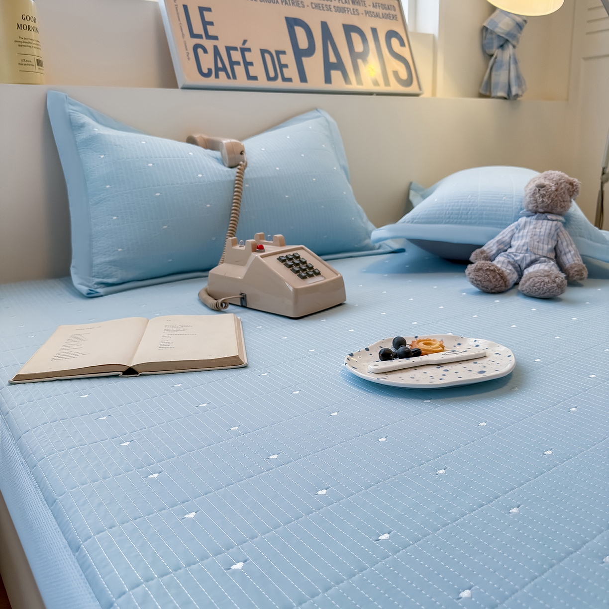 91家纺网 家纺一手货源 找家纺 懒猫家纺 2026新款满天星绗绣莫兰迪色系床席床笠款凉席 海盐气泡-床席款