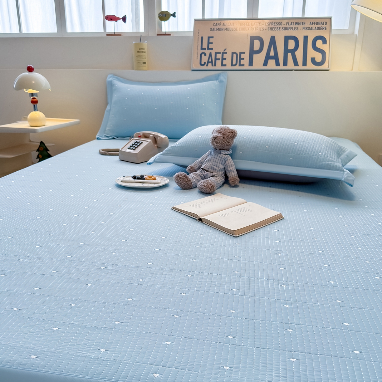 91家纺网 家纺一手货源 找家纺 懒猫家纺 2026新款满天星绗绣莫兰迪色系床席床笠款凉席 海盐气泡-床席款