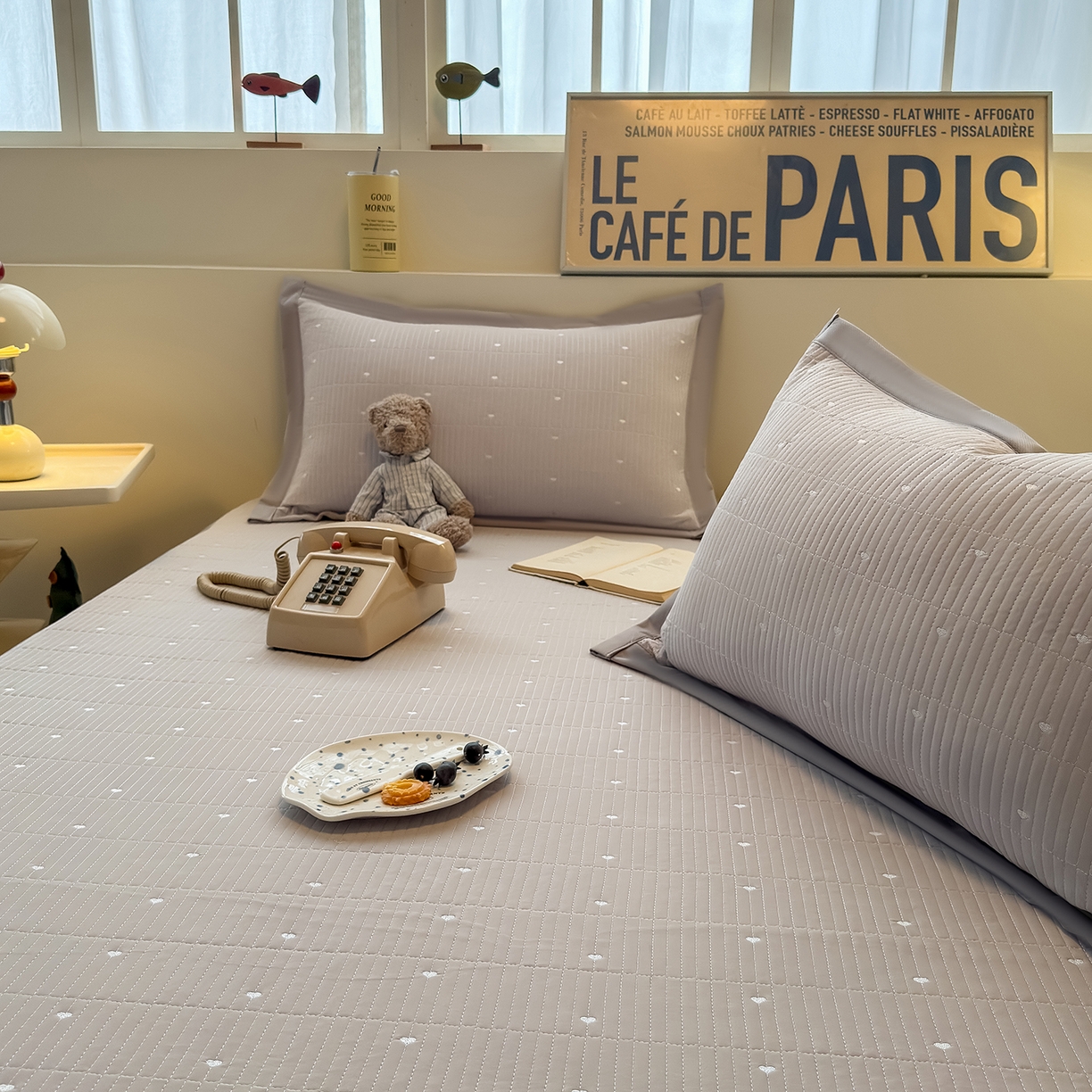 91家纺网 家纺一手货源 找家纺 懒猫家纺 2026新款满天星绗绣莫兰迪色系床席床笠款凉席 椰子灰-床席款