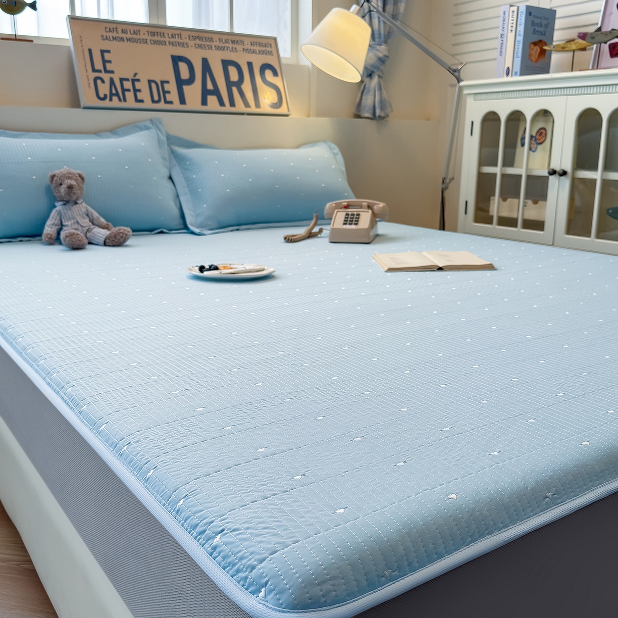 91家纺网 家纺一手货源 找家纺 懒猫家纺 2026新款满天星绗绣莫兰迪色系床席床笠款凉席 海盐气泡-床笠款