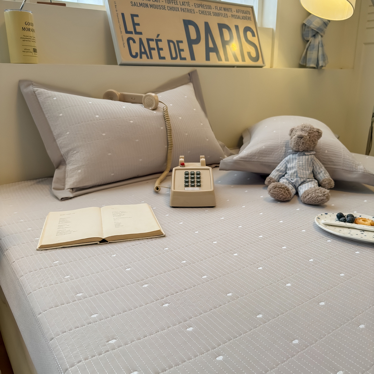 91家纺网 家纺一手货源 找家纺 懒猫家纺 2026新款满天星绗绣莫兰迪色系床席床笠款凉席 椰子灰-床席款