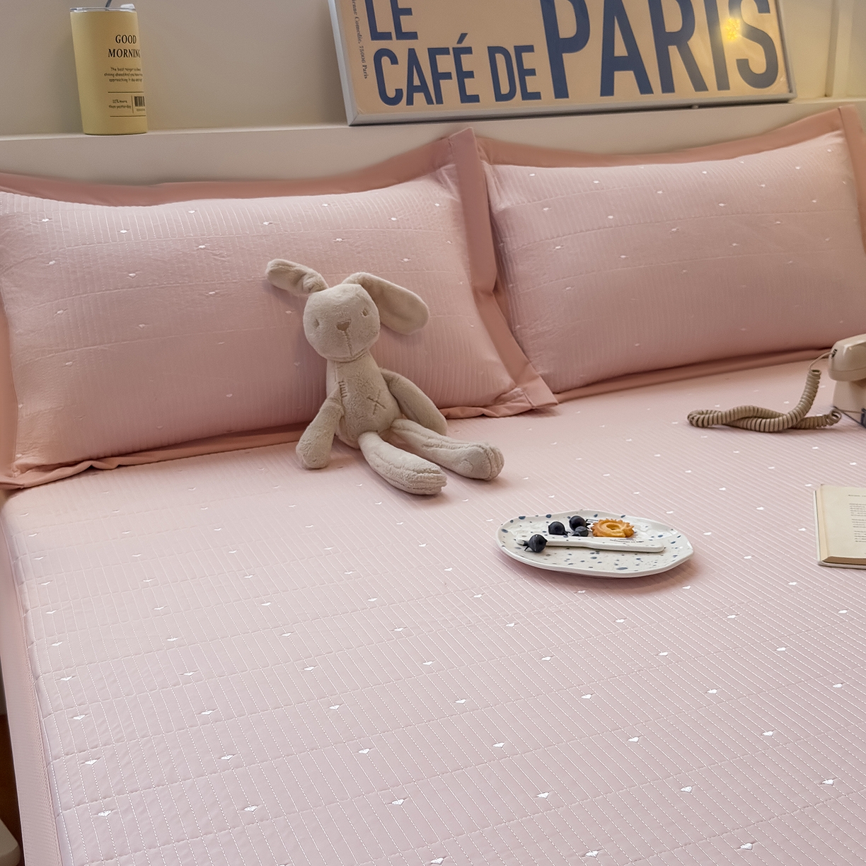 91家纺网 家纺一手货源 找家纺 懒猫家纺 2026新款满天星绗绣莫兰迪色系床席床笠款凉席 白桃乌龙-床席款