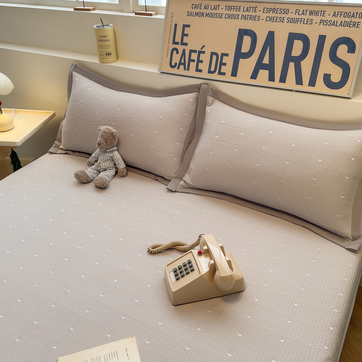 91家纺网 家纺一手货源 找家纺 懒猫家纺 2026新款满天星绗绣莫兰迪色系床席床笠款凉席 椰子灰-床笠款