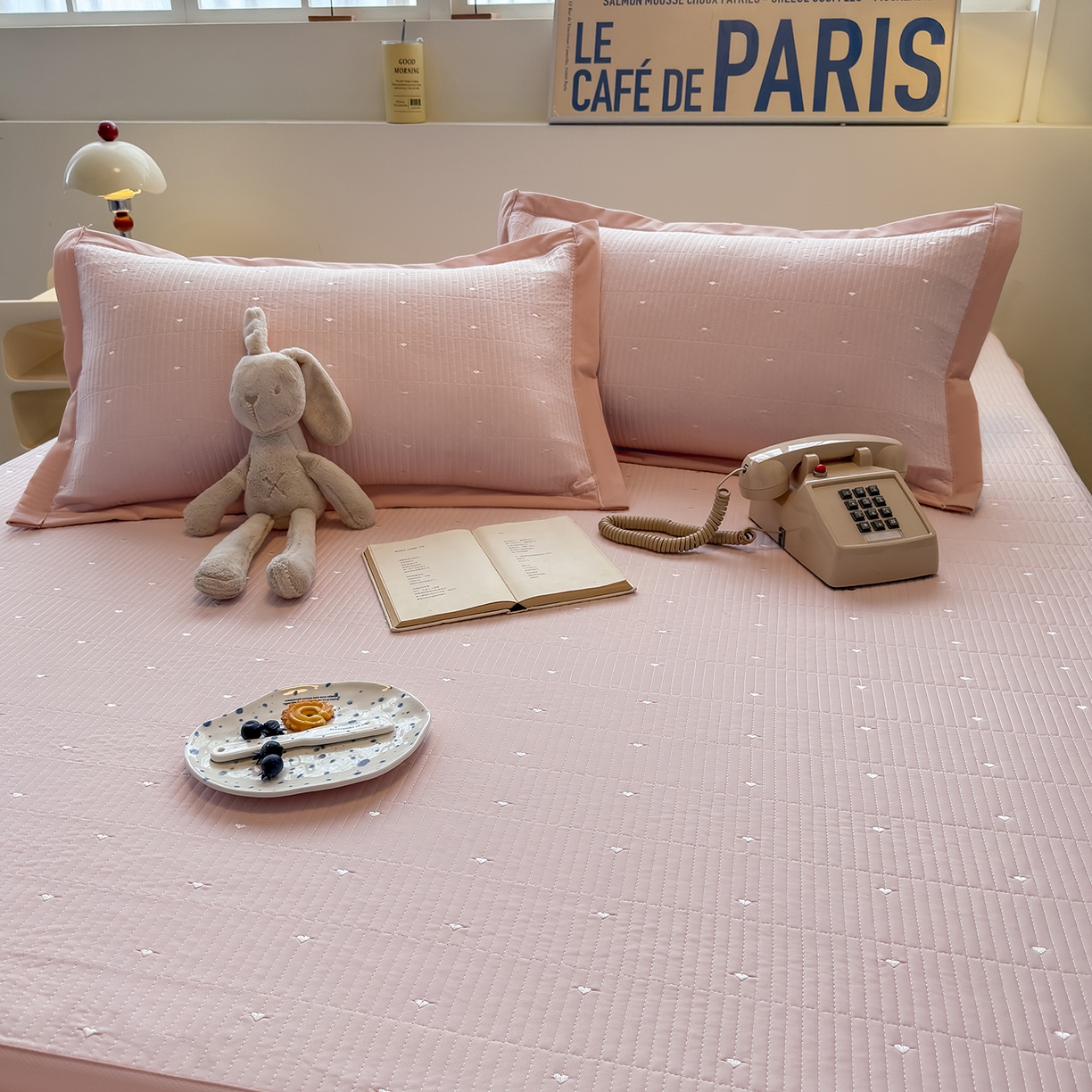 91家纺网 家纺一手货源 找家纺 懒猫家纺 2026新款满天星绗绣莫兰迪色系床席床笠款凉席 白桃乌龙-床席款