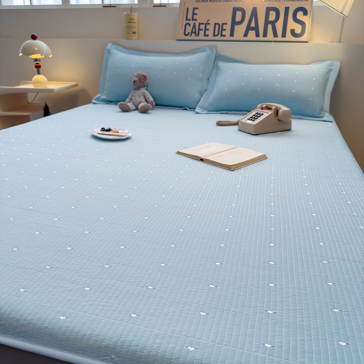 91家纺网 家纺一手货源 找家纺 懒猫家纺 2026新款满天星绗绣莫兰迪色系床席床笠款凉席 海盐气泡-床笠款