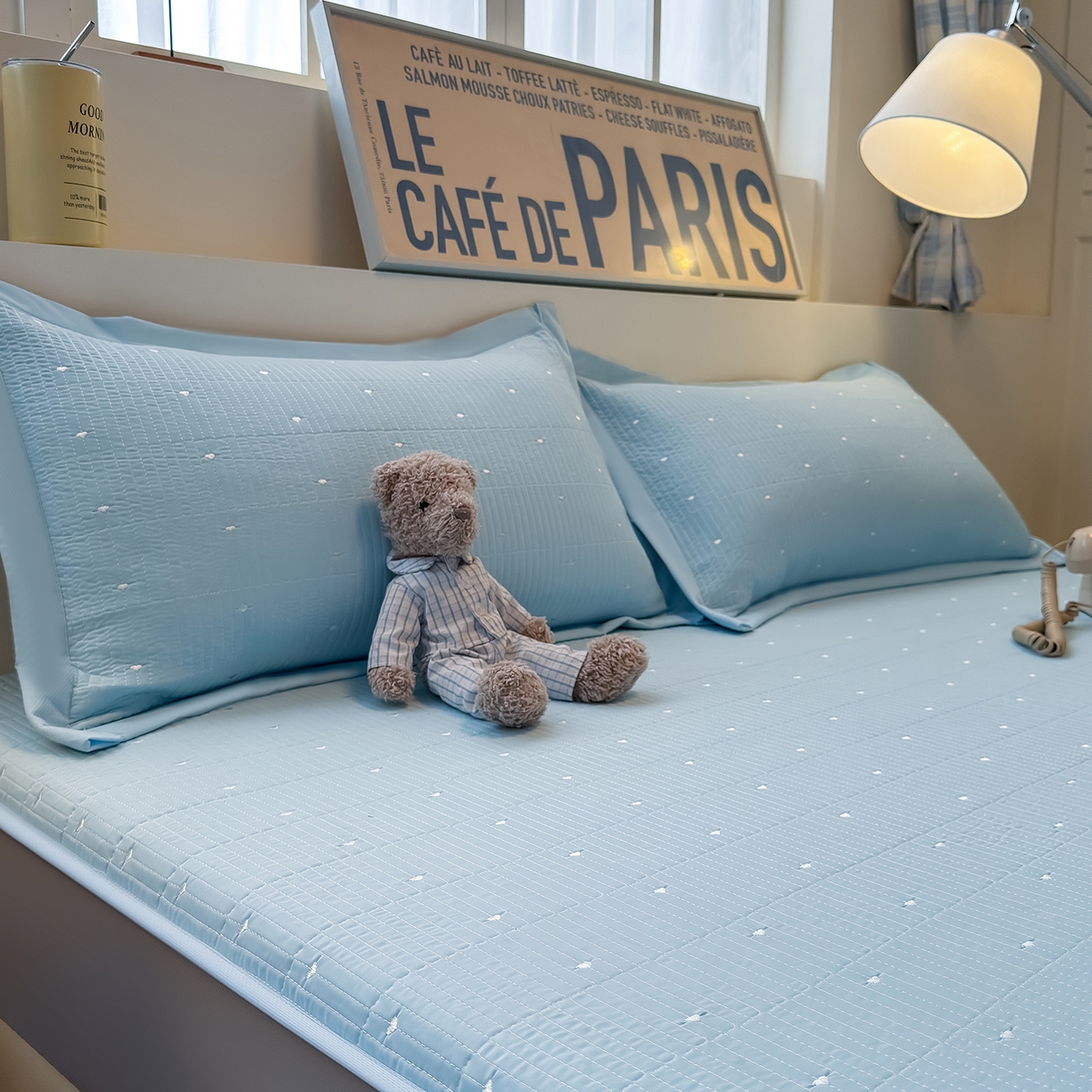 91家纺网 家纺一手货源 找家纺 懒猫家纺 2026新款满天星绗绣莫兰迪色系床席床笠款凉席 海盐气泡-床笠款