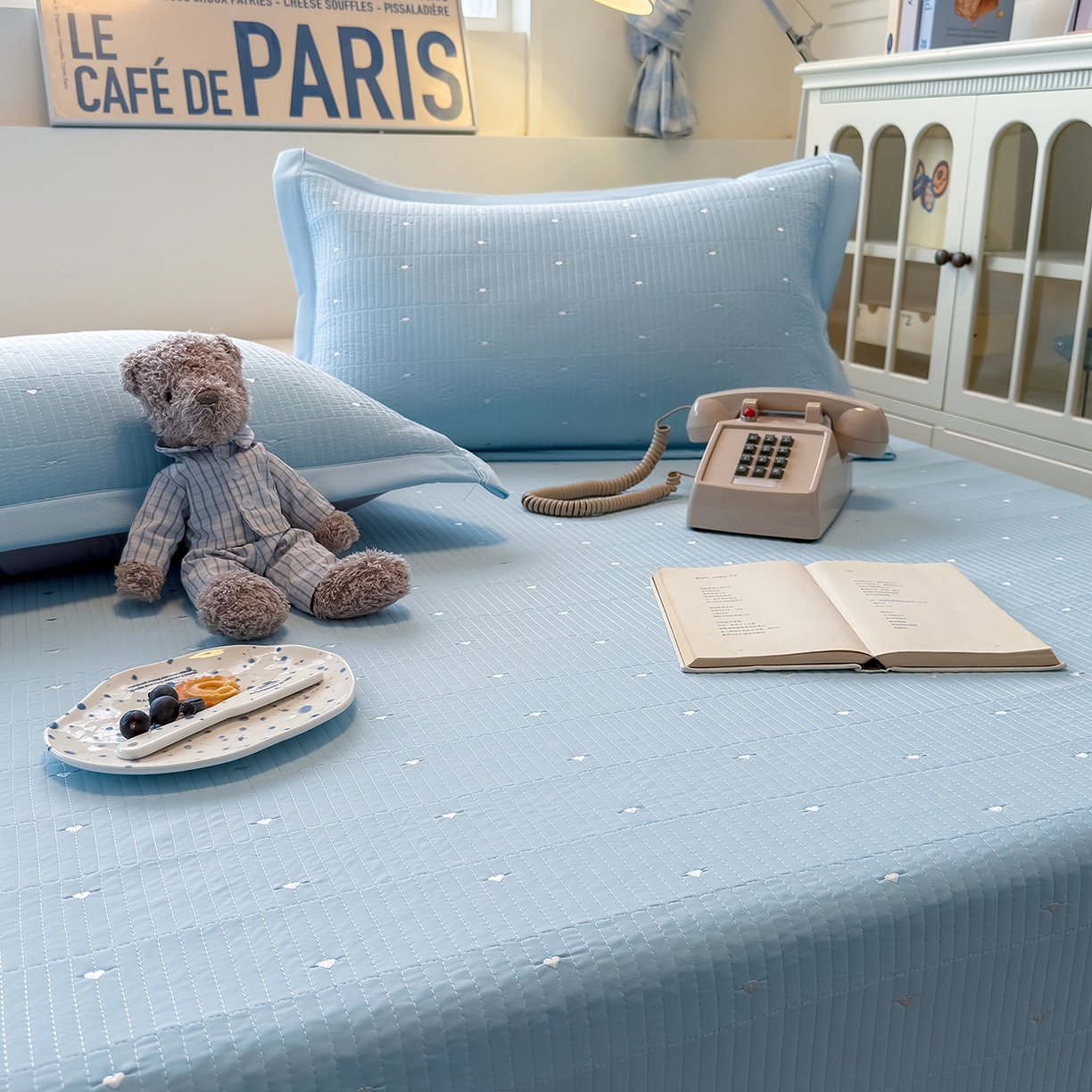 91家纺网 家纺一手货源 找家纺 懒猫家纺 2026新款满天星绗绣莫兰迪色系床席床笠款凉席 海盐气泡-床席款