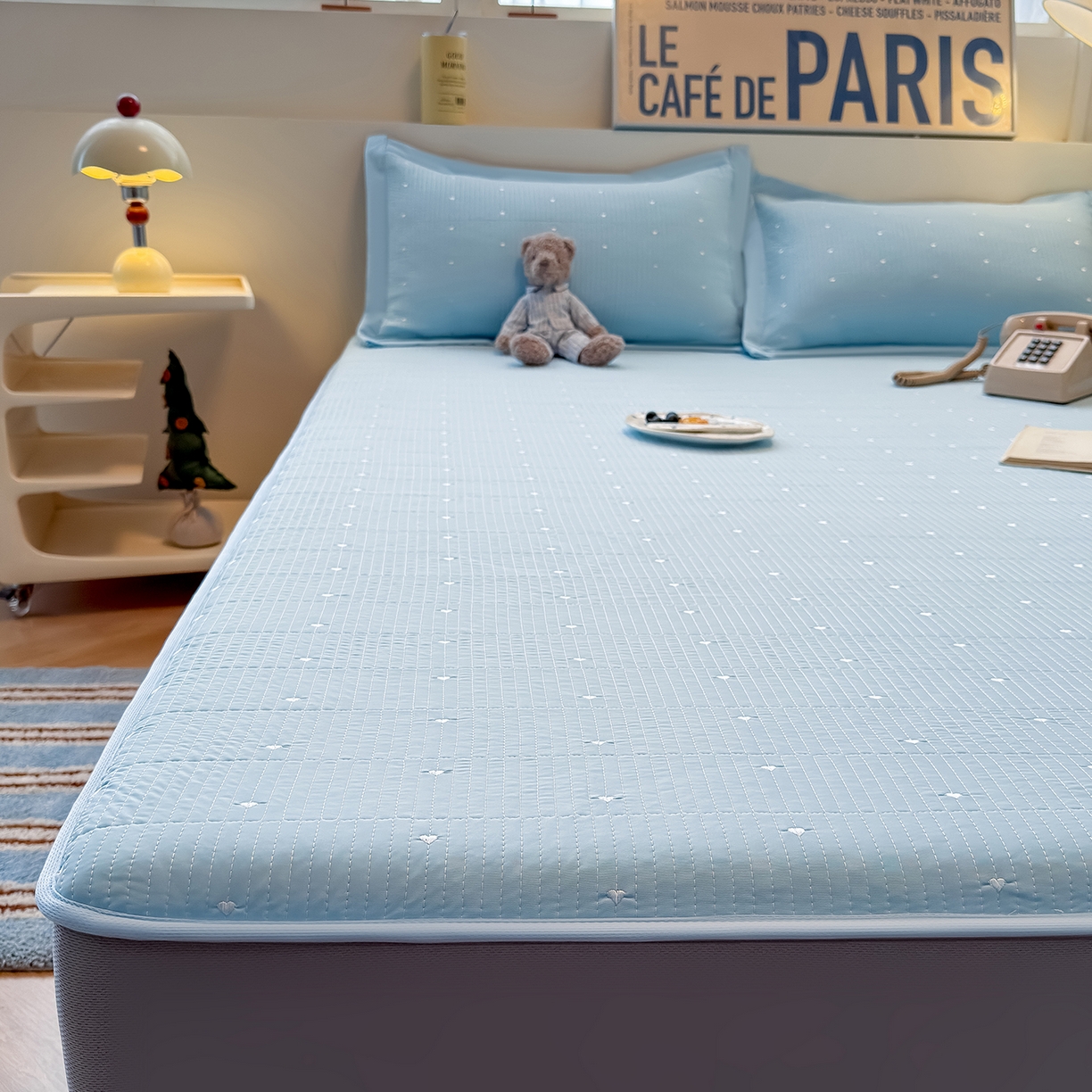 91家纺网 家纺一手货源 找家纺 懒猫家纺 2026新款满天星绗绣莫兰迪色系床席床笠款凉席 海盐气泡-床笠款