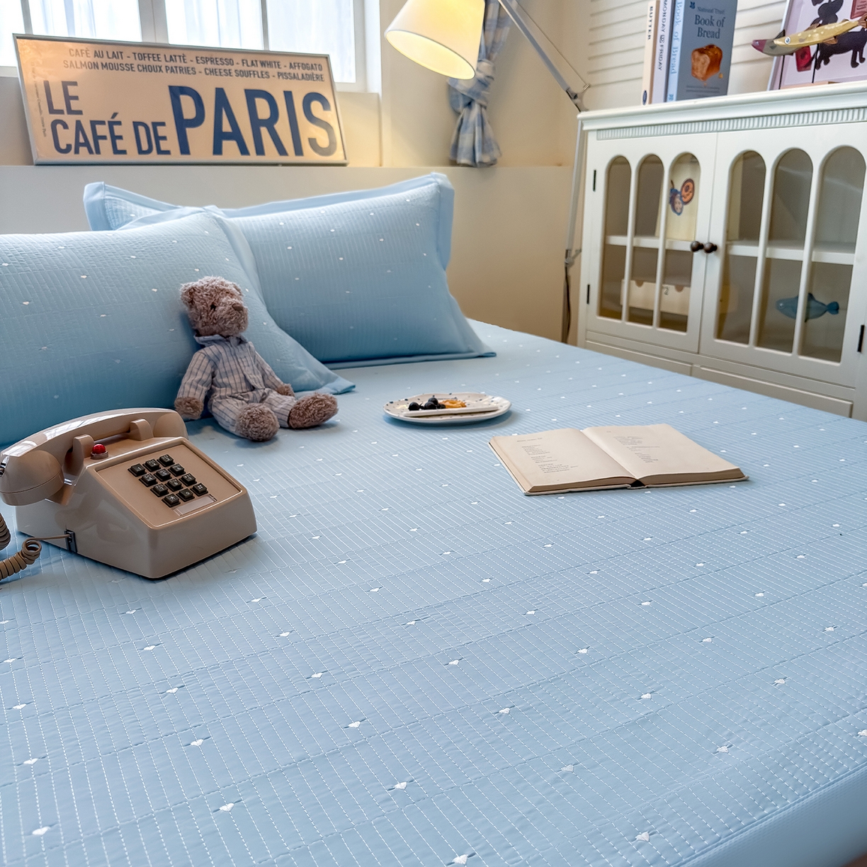 91家纺网 家纺一手货源 找家纺 懒猫家纺 2026新款满天星绗绣莫兰迪色系床席床笠款凉席 海盐气泡-床席款