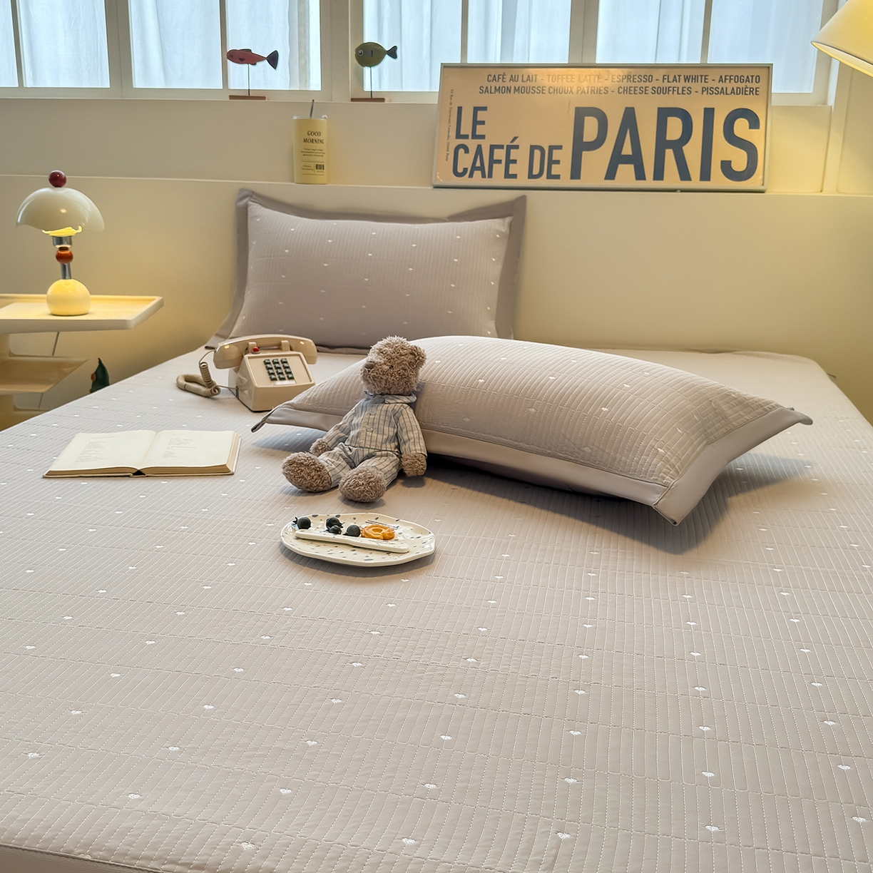 91家纺网 家纺一手货源 找家纺 懒猫家纺 2026新款满天星绗绣莫兰迪色系床席床笠款凉席 椰子灰-床席款