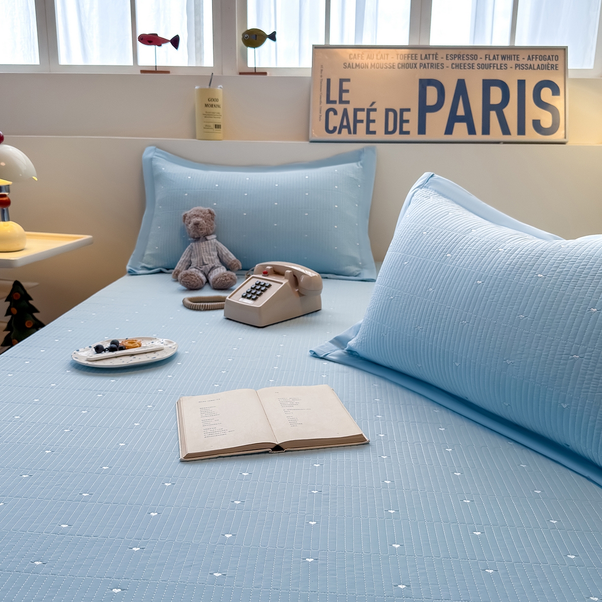 91家纺网 家纺一手货源 找家纺 懒猫家纺 2026新款满天星绗绣莫兰迪色系床席床笠款凉席 海盐气泡-床席款