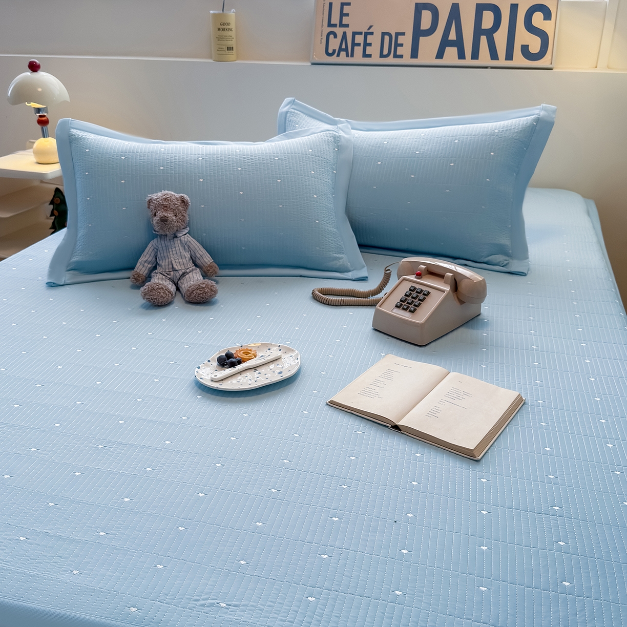 91家纺网 家纺一手货源 找家纺 懒猫家纺 2026新款满天星绗绣莫兰迪色系床席床笠款凉席 海盐气泡-床席款