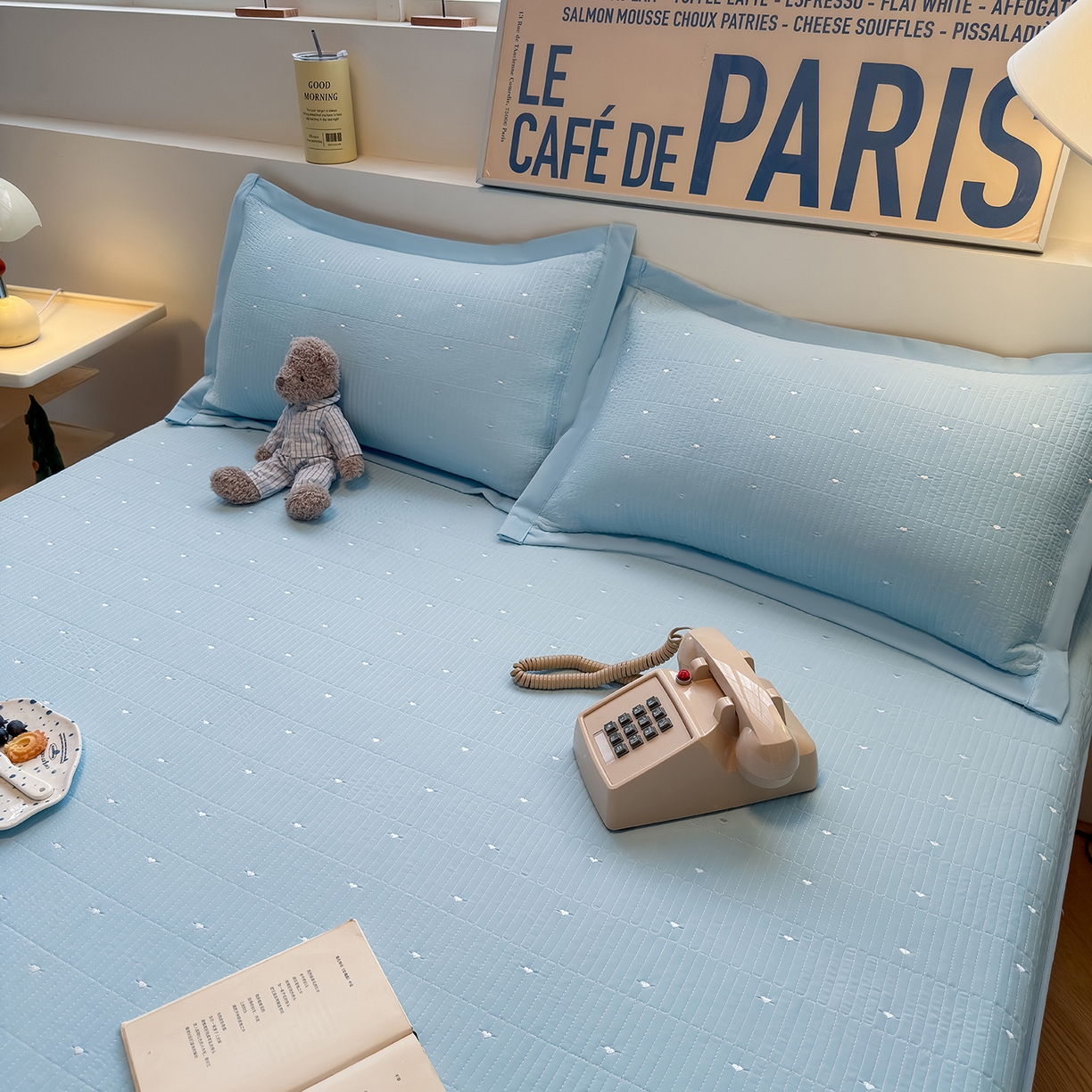 91家纺网 家纺一手货源 找家纺 懒猫家纺 2026新款满天星绗绣莫兰迪色系床席床笠款凉席 海盐气泡-床笠款