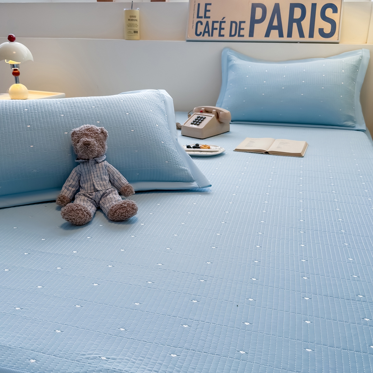 91家纺网 家纺一手货源 找家纺 懒猫家纺 2026新款满天星绗绣莫兰迪色系床席床笠款凉席 海盐气泡-床席款