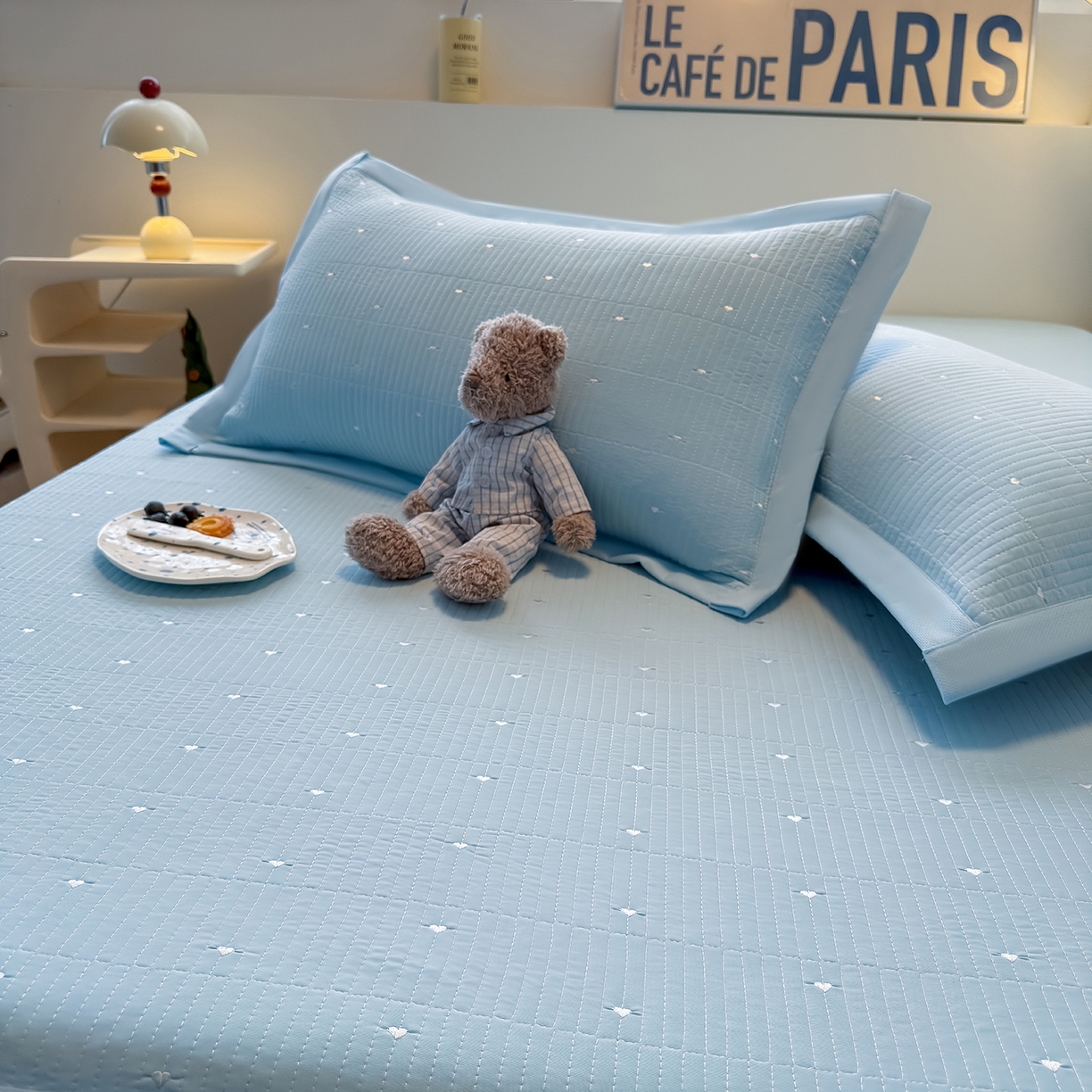 91家纺网 家纺一手货源 找家纺 懒猫家纺 2026新款满天星绗绣莫兰迪色系床席床笠款凉席 海盐气泡-床笠款