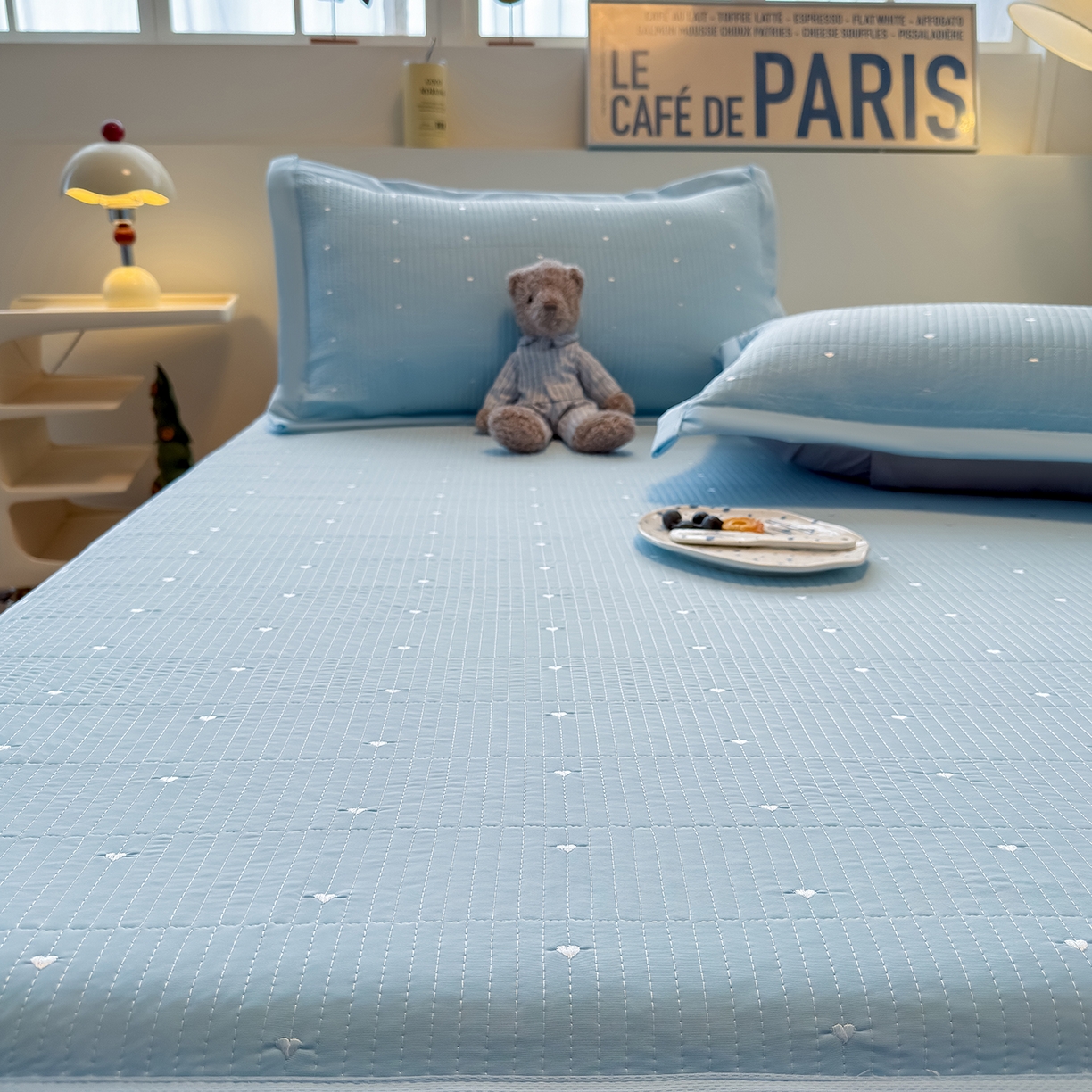 91家纺网 家纺一手货源 找家纺 懒猫家纺 2026新款满天星绗绣莫兰迪色系床席床笠款凉席 海盐气泡-床笠款