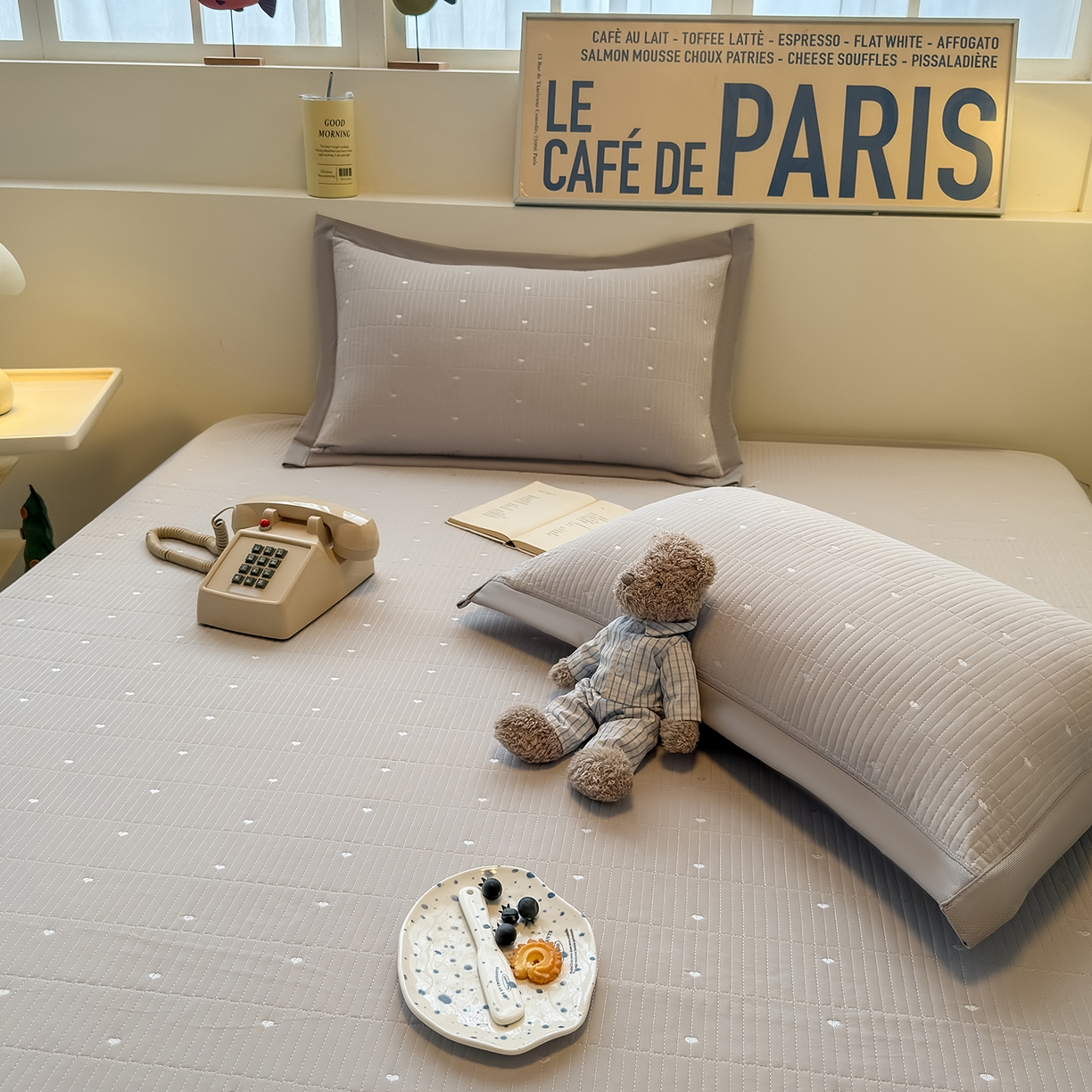 91家纺网 家纺一手货源 找家纺 懒猫家纺 2026新款满天星绗绣莫兰迪色系床席床笠款凉席 椰子灰-床席款