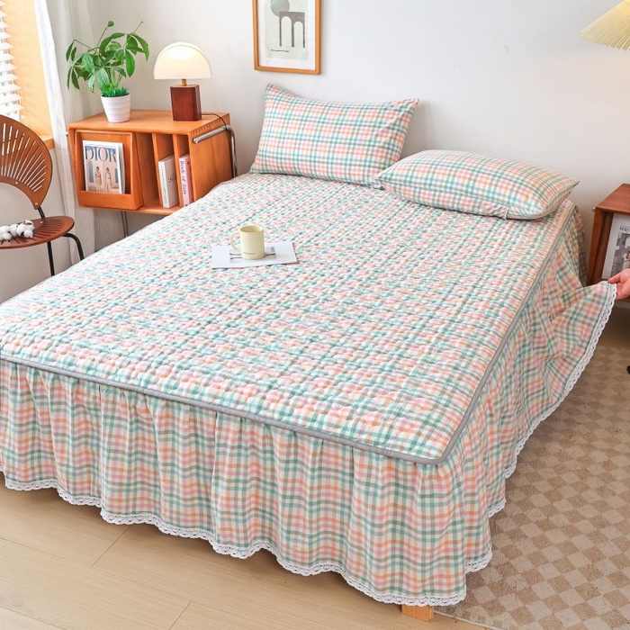 91家纺网 家纺一手货源 找家纺 欧妮家纺 2026新款全棉色织水洗棉夹棉床裙 全棉色织水洗棉-冰淇淋