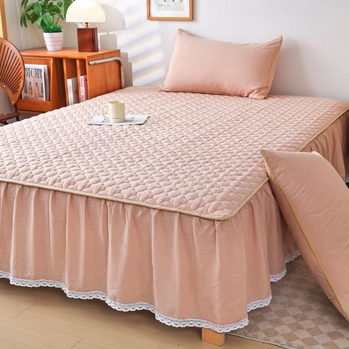 欧妮家纺 2026新款全棉色织水洗棉夹棉床裙 全棉色织水洗棉-卡其