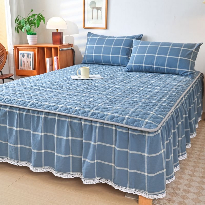 91家纺网 家纺一手货源 找家纺 欧妮家纺 2026新款全棉色织水洗棉夹棉床裙 全棉色织水洗棉-海蓝格