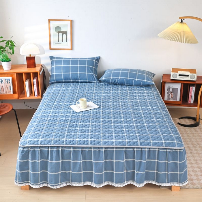 91家纺网 家纺一手货源 找家纺 欧妮家纺 2026新款全棉色织水洗棉夹棉床裙 全棉色织水洗棉-海蓝格