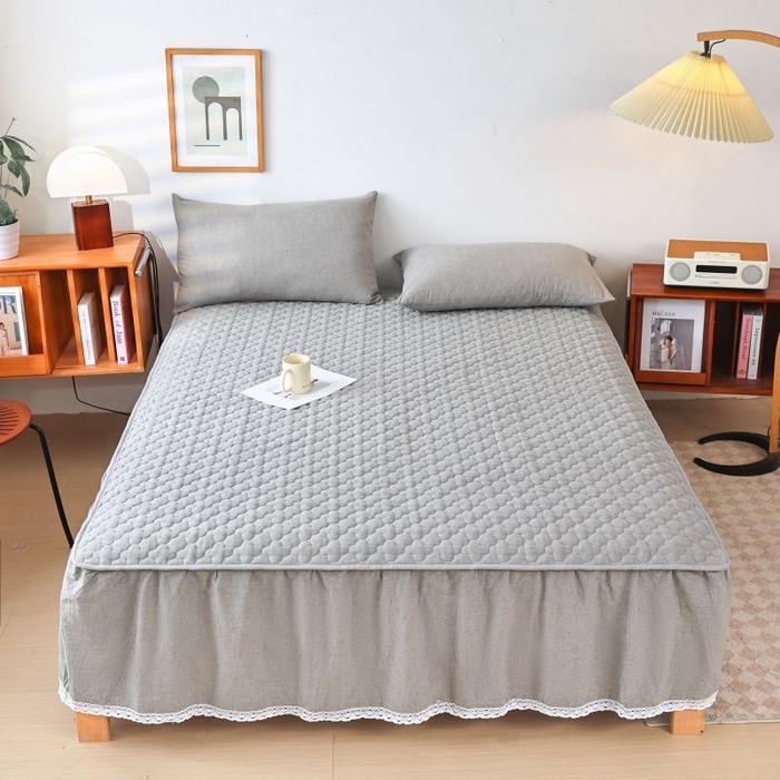 91家纺网 家纺一手货源 找家纺 欧妮家纺 2026新款全棉色织水洗棉夹棉床裙 全棉色织水洗棉-烟灰