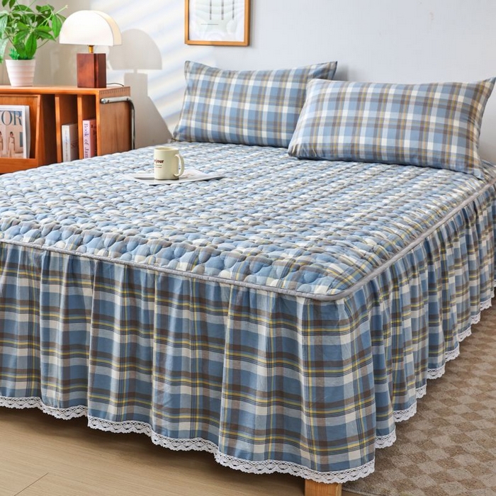 91家纺网 家纺一手货源 找家纺 欧妮家纺 2026新款全棉色织水洗棉夹棉床裙 全棉色织水洗棉-简兮兰格