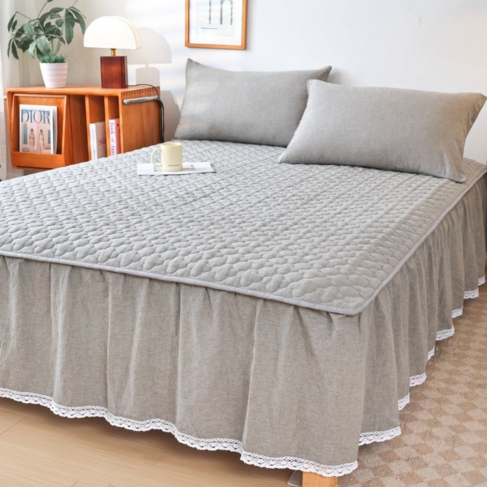 91家纺网 家纺一手货源 找家纺 欧妮家纺 2026新款全棉色织水洗棉夹棉床裙 全棉色织水洗棉-烟灰