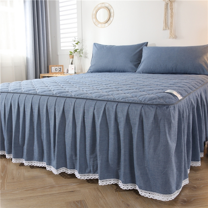 91家纺网 家纺一手货源 找家纺 欧妮家纺 2026新款全棉色织水洗棉夹棉床裙 日式水洗棉夹棉床裙J-牛仔蓝