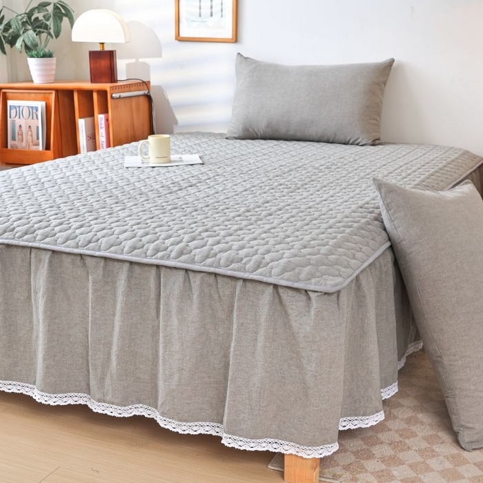 欧妮家纺 2026新款全棉色织水洗棉夹棉床裙 全棉色织水洗棉-烟灰