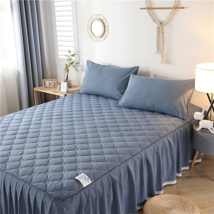 91家纺网 家纺一手货源 找家纺 欧妮家纺 2026新款全棉色织水洗棉夹棉床裙 日式水洗棉夹棉床裙J-牛仔蓝