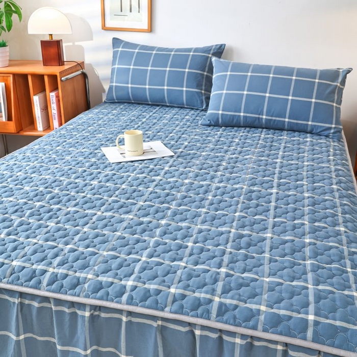 91家纺网 家纺一手货源 找家纺 欧妮家纺 2026新款全棉色织水洗棉夹棉床裙 全棉色织水洗棉-海蓝格