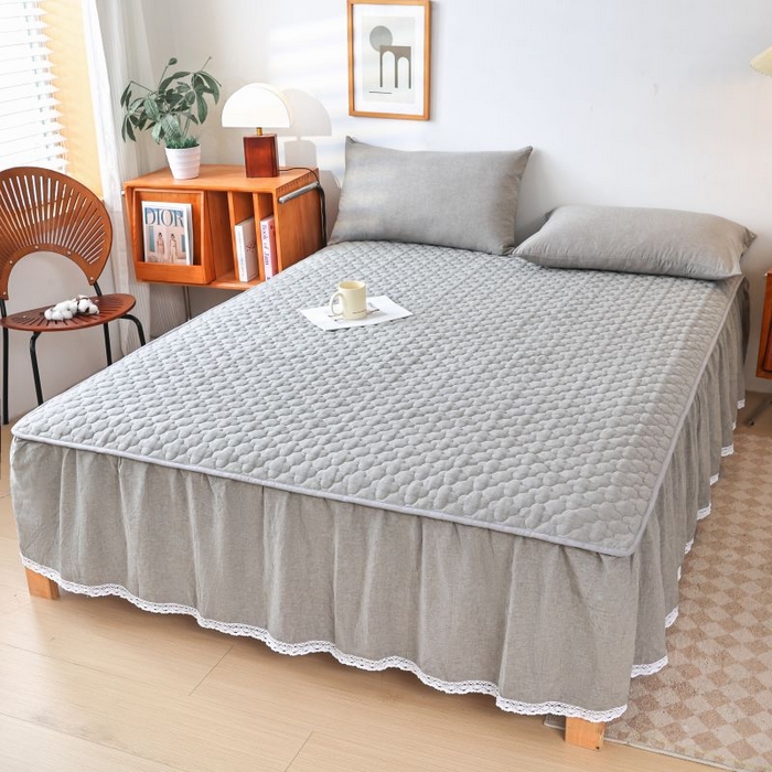 91家纺网 家纺一手货源 找家纺 欧妮家纺 2026新款全棉色织水洗棉夹棉床裙 全棉色织水洗棉-烟灰