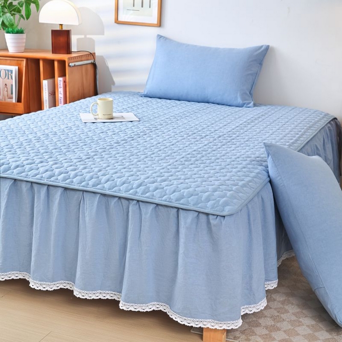 欧妮家纺 2026新款全棉色织水洗棉夹棉床裙 全棉色织水洗棉-水兰