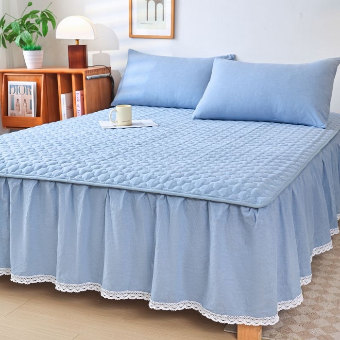 91家纺网 家纺一手货源 找家纺 欧妮家纺 2026新款全棉色织水洗棉夹棉床裙 全棉色织水洗棉-水兰