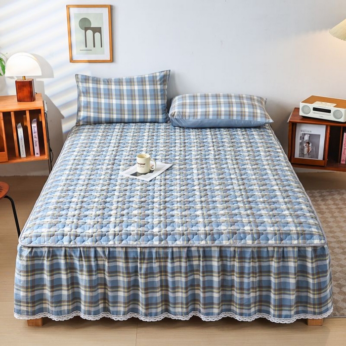 91家纺网 家纺一手货源 找家纺 欧妮家纺 2026新款全棉色织水洗棉夹棉床裙 全棉色织水洗棉-简兮兰格